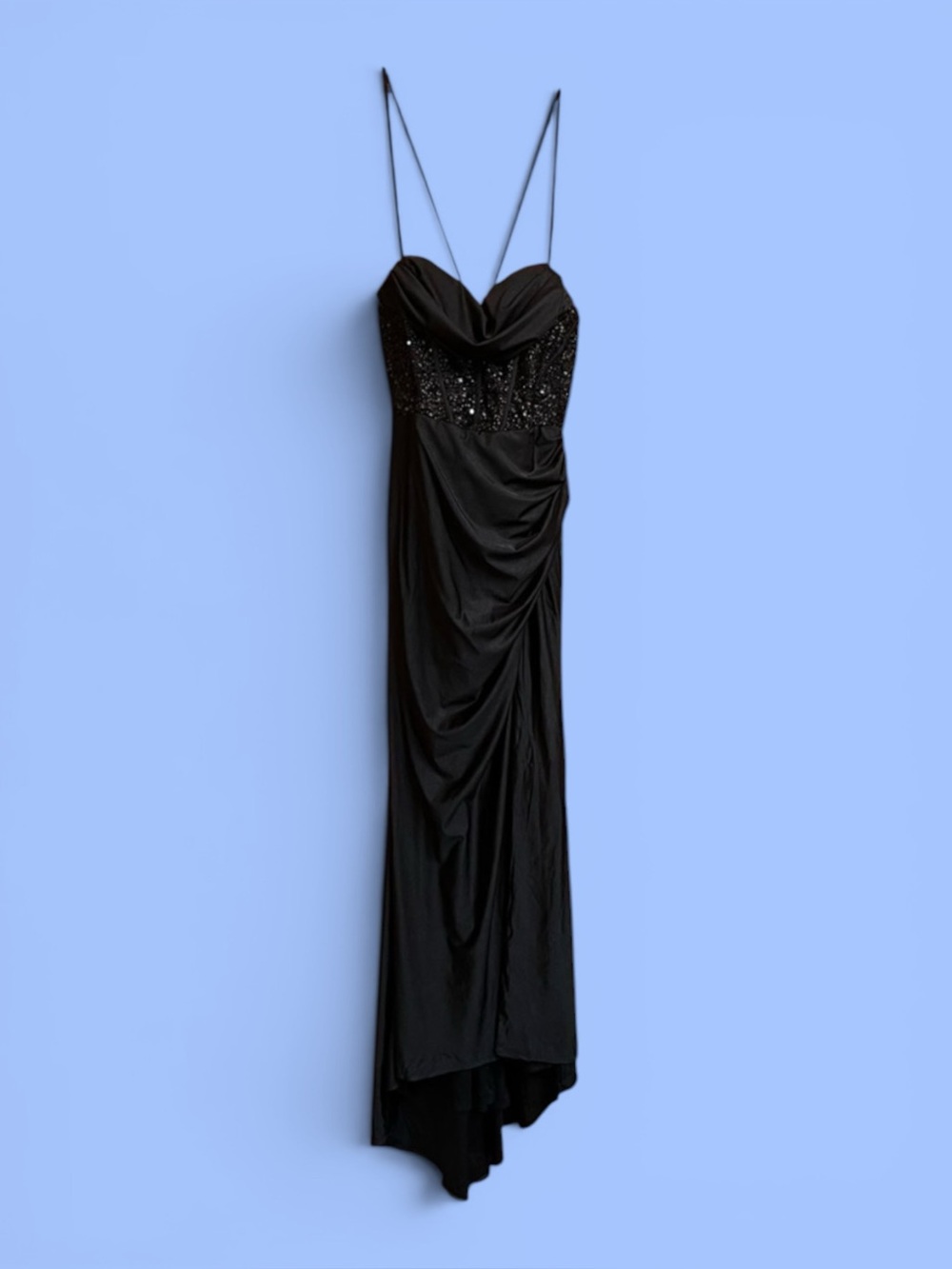 Corset Gown Sequin Bodice Mermaid Train Slit Blk See measurements Prom